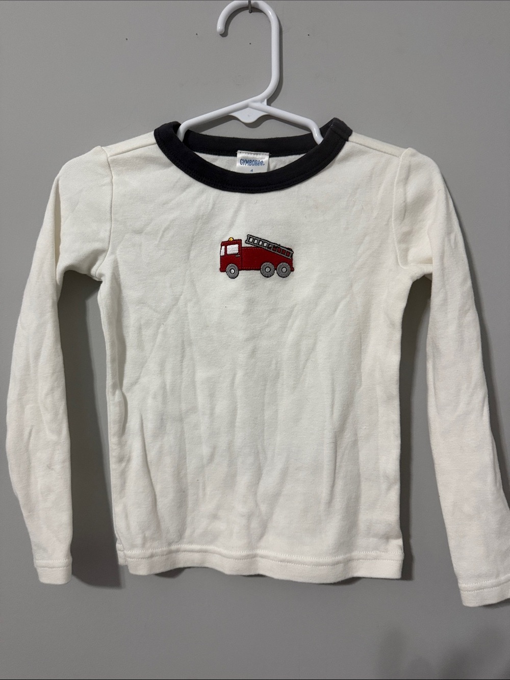 Gymboree White Long-Sleeve Top with Red Fire Truck and Black Trim